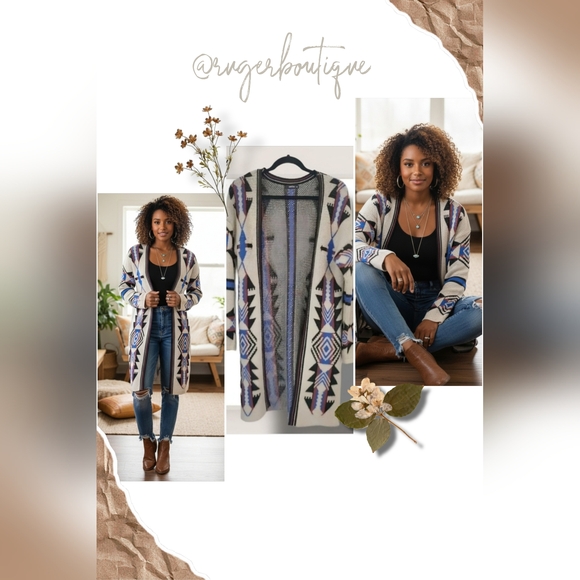 🌿GeeGee Women's Small/Medium Longsleeve Acrylic Aztec Tan Split Hem Cardigan - Picture 12 of 14